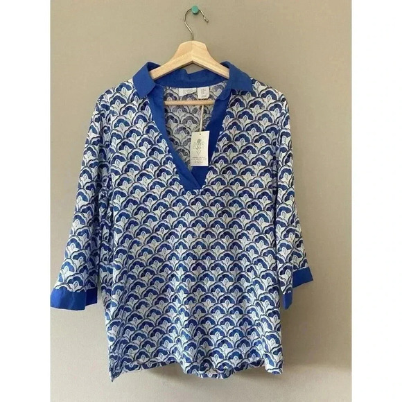 Sigrid Olsen 100% Linen Blouse Size Medium Blue white 3/4 Sleeve Shirt Resort - Picture 2 of 10